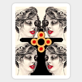 Black cross and woman with golden earring and red lips Sticker